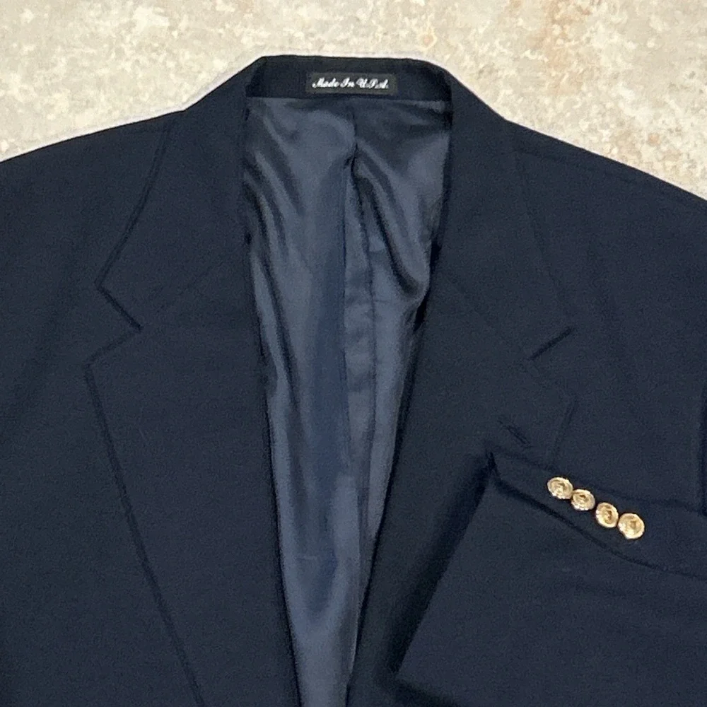 Pierre Cardin Gold Crest Blazer Mens 48R Navy Blue Two Button Classic Jacket USA